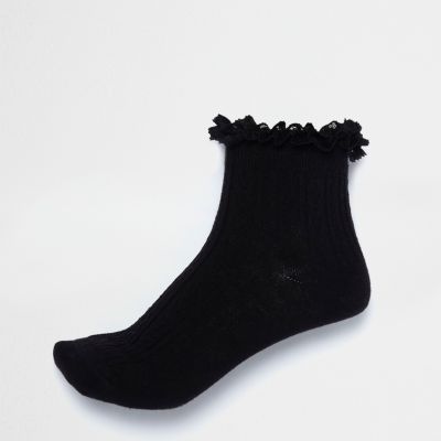 Black frill cable knit socks